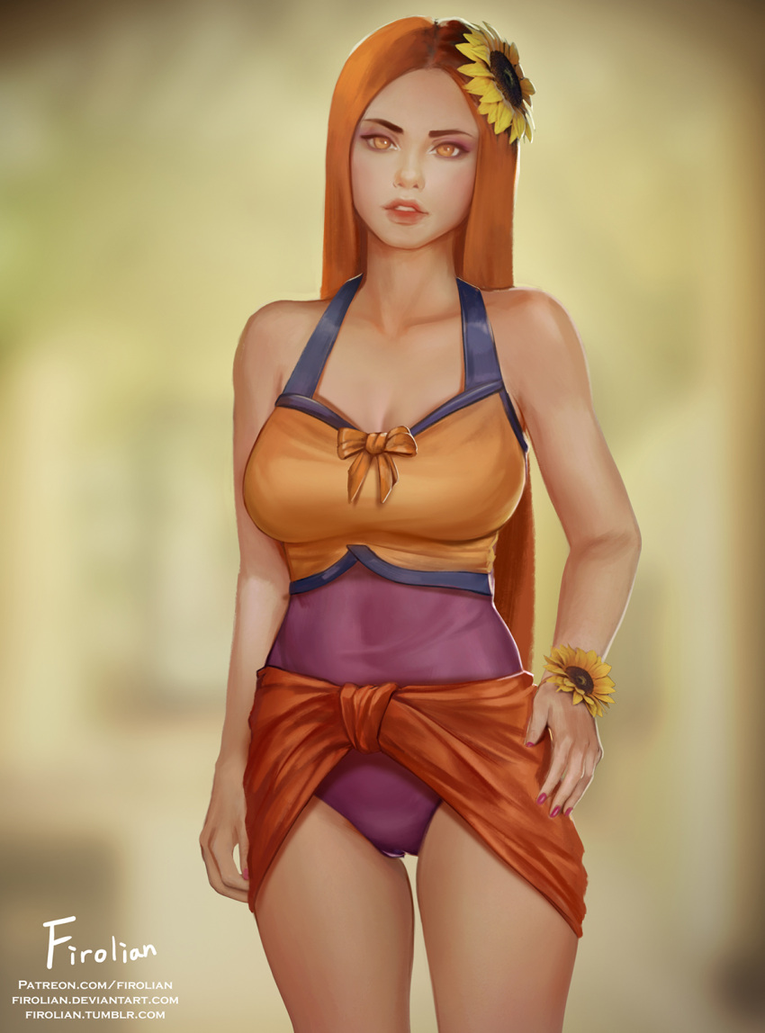 1girl, artist_name, blurry, blurry_background, breasts, brown_eyes, brown_hair, cleavage