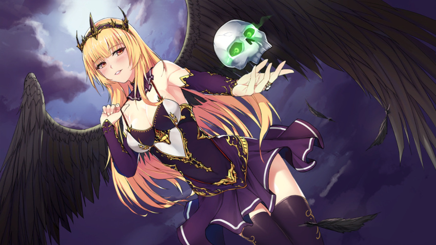 1girl, bangs, bare_shoulders, bernice_(fist_of_love), black_clouds, black_dress, black_legwear, black_wings, blonde_hair, blush, breasts, bridal_gauntlets, cleavage, clouds, cloudy_sky, collarbone, cowboy_shot, crown, detached_collar, dress, eyebrows_visible_through_hair, eyelashes, eyes_visible_through_hair, feathered_wings, feathers, fingernails, fist_of_love, game_cg, hand_up, highres, large_breasts, legs_together, long_hair, looking_at_viewer, medium_breasts, night, outstretched_hand, shiny, shiny_skin, skull, sky, smile, solo, spread_wings, standing, strapless, strapless_dress, thigh-highs, wings, yellow_eyes, yusan