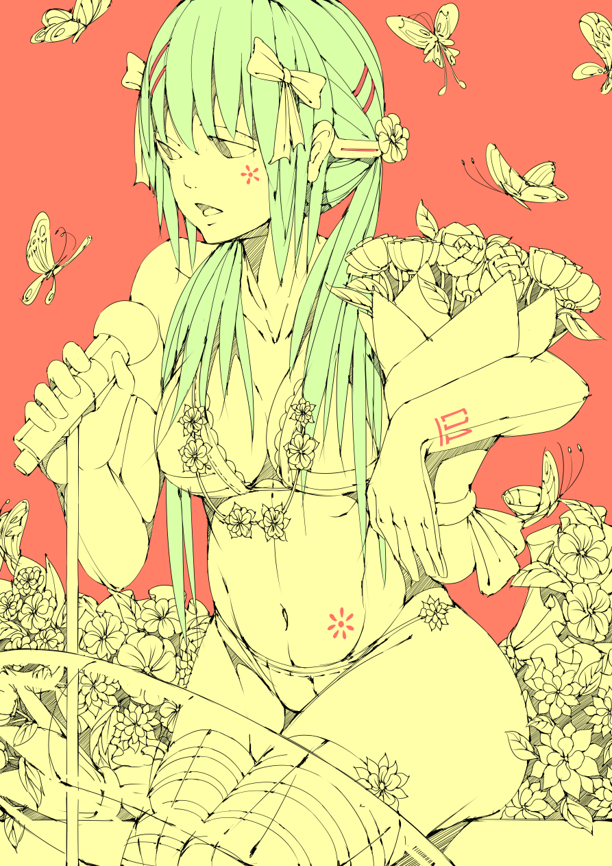 1girl, antennae, bikini, bikini_top, bouquet, bow, breasts, bug