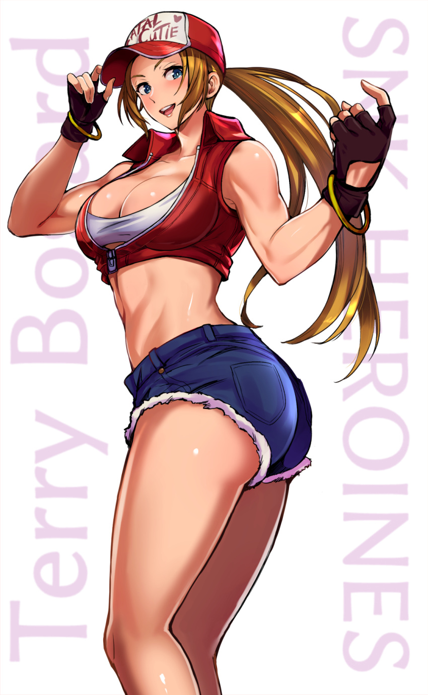 1girl, :d, ass, bandeau, bare_shoulders, baseball_cap, black_gloves, blonde_hair