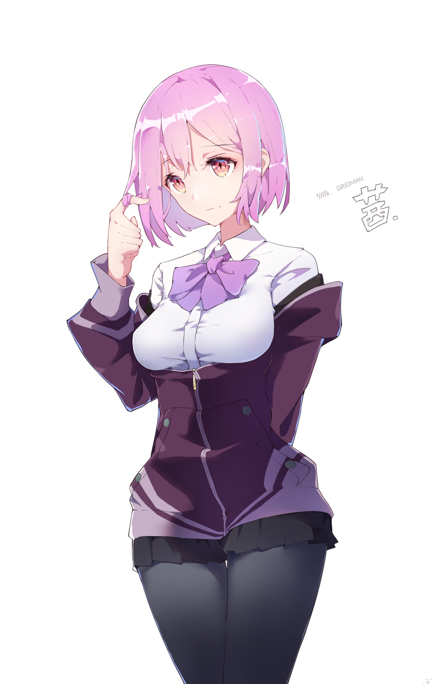 1girl, absurdres, arm_behind_back, black_legwear, black_skirt, blush, bow, bowtie