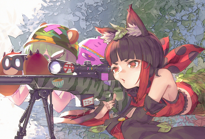 2girls, aiming, animal_ear_fluff, animal_ears, bangs, bare_shoulders, bear_ears, bear_paws