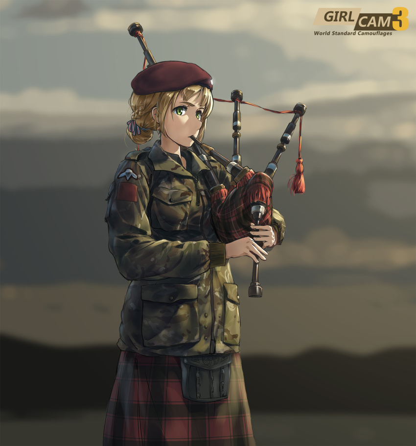 bagpipes, beret, blonde_hair, blurry, braid, british_army, camouflage, clouds