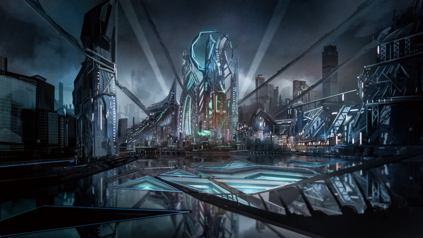 absurdres, anoc, building, cityscape, clouds, cloudy_sky, commentary_request, cyberpunk