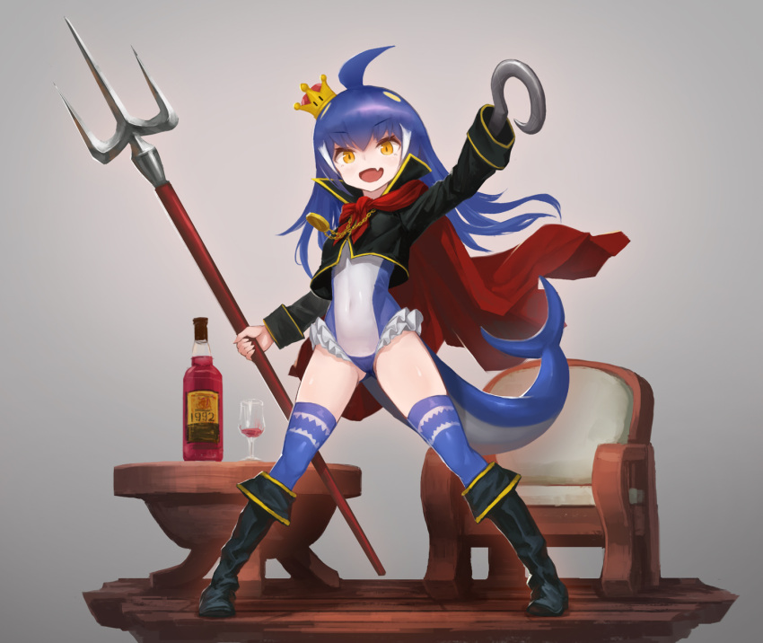 1992, 1girl, ahoge, alcohol, blue_hair, boots, cape, chain_necklace, chair, commentary, covered_navel, crop_top, fang, faux_figurine, flat_chest, frilled_swimsuit, frills, genderswap, genderswap_(mtf), glass, highres, hook_hand, jonathan_jones, knee_boots, looking_at_viewer, super_mario_bros., monster_girl, new_super_mario_bros._u_deluxe, nintendo, one-piece_swimsuit, orange_eyes, polearm, shark_girl, shark_tail, simple_background, solo, super_crown, super_mario_rpg, swimsuit, table, tail, thigh-highs, trident, weapon, wooden_floor