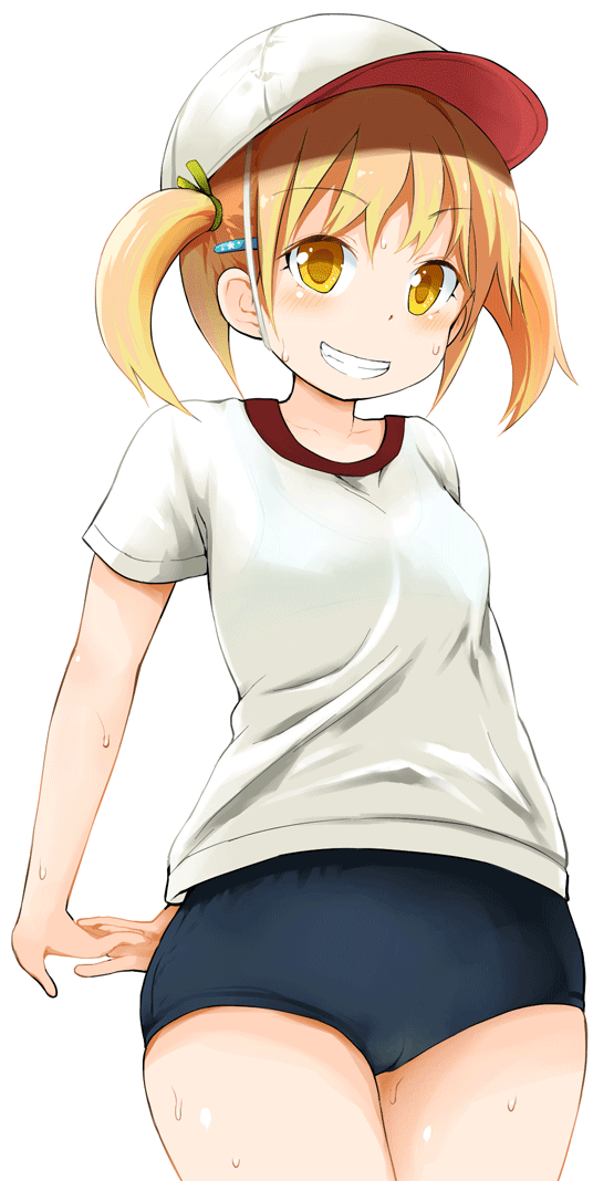 1girl, arms_behind_back, bangs, baseball_cap, blonde_hair, blue_bra, blue_buruma, blush
