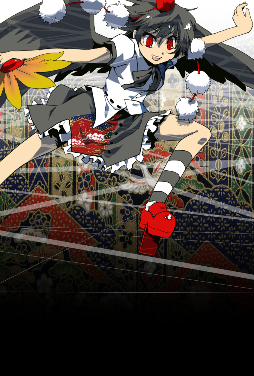 flying, geta, hat, highres, ribbon, shameimaru_aya, short_hair, tengu-geta