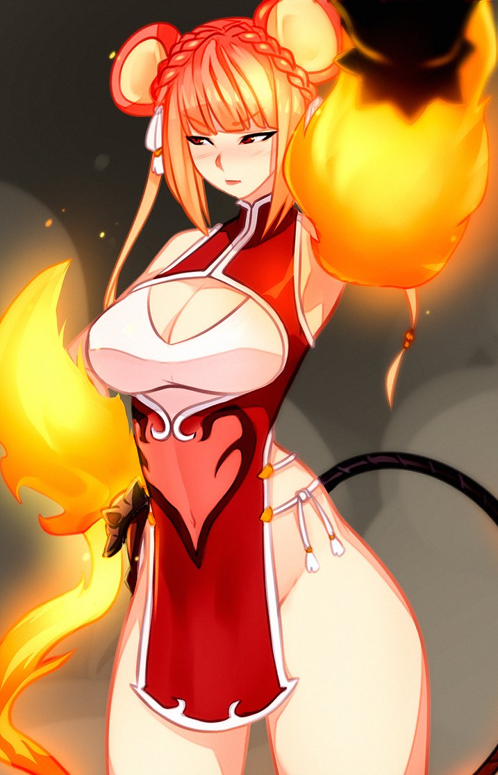 1girl, animal_ears, bangs, blunt_bangs, blush, bracelet, braid, breasts, china_dress, chinese_clothes, cleavage, commission, cowboy_shot, dress, eyebrows_visible_through_hair, fire, groin, hinezumi_(monster_girl_encyclopedia), incoming_headpat, jewelry, large_breasts, looking_away, monster_girl_encyclopedia, mouse_ears, mouse_tail, navel, no_panties, orange_hair, outstretched_arm, red_dress, red_eyes, rush_(rush-it), see-through, short_hair_with_long_locks, side_slit, sleeveless, sleeveless_dress, solo, spiked_bracelet, spikes, tail, thighs, underbust, v-shaped_eyebrows
