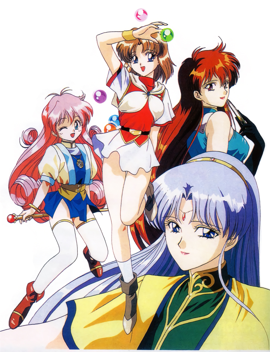 4girls, 90s, arm_behind_back, arm_up, black_gloves, blue_eyes, bracelet, brown_hair