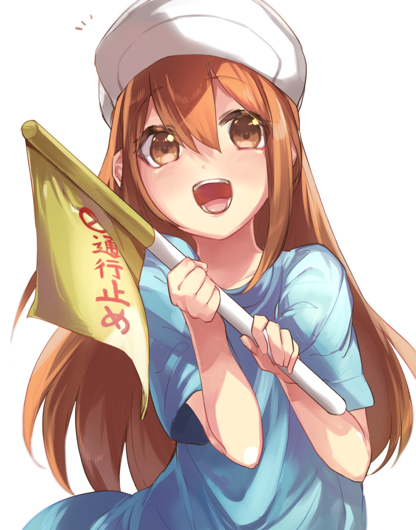 :d, blue_shirt, brown_eyes, brown_hair, flag, floating_hair, hat, hataraku_saibou