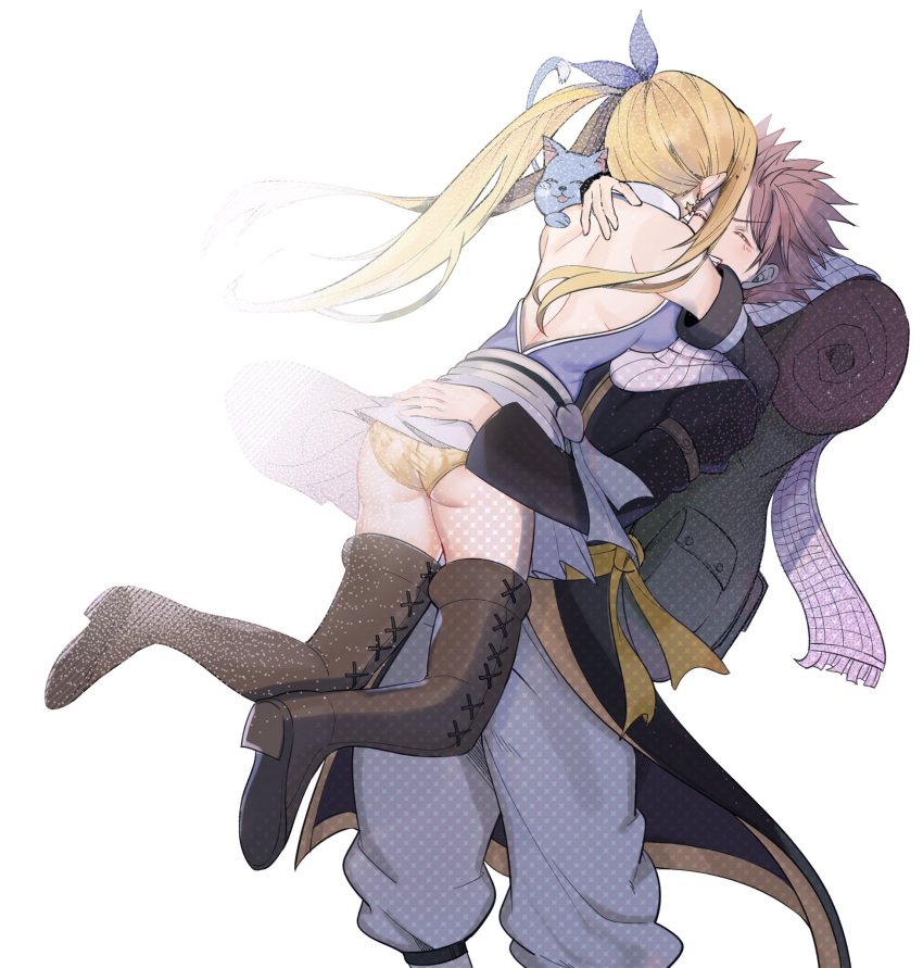 1356400321niku, 1boy, 1girl, ass, backless_outfit, bag, black_sleeves, blonde_hair