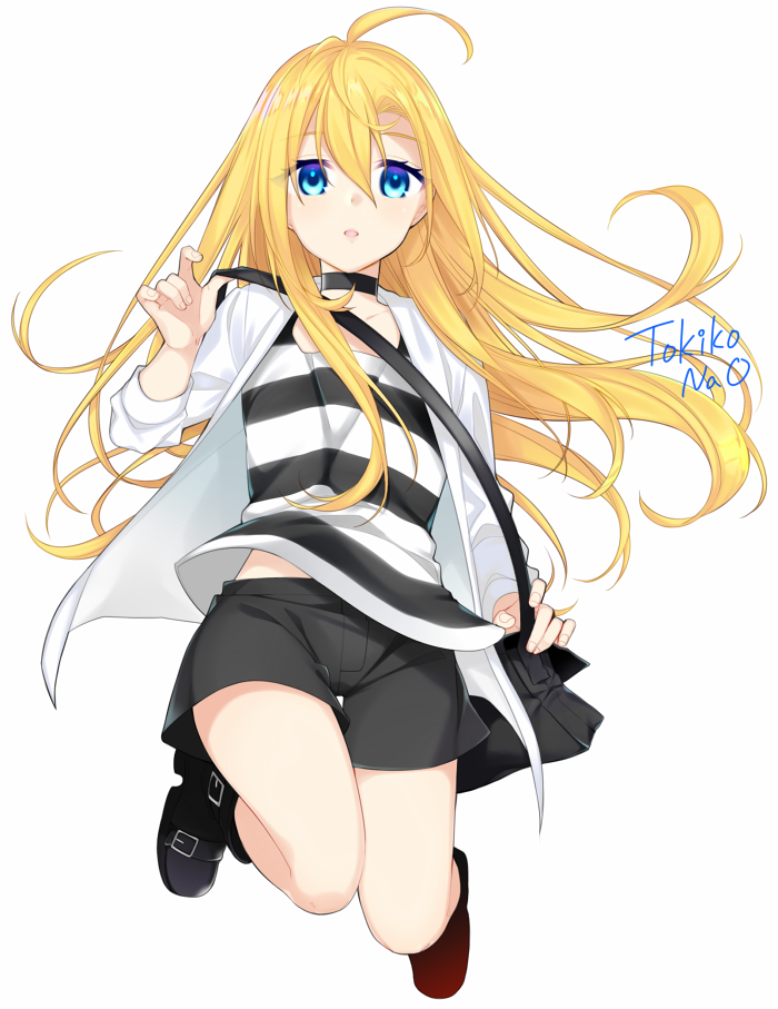 1girl, barefoot, black_shorts, blonde_hair, blue_eyes, clothes_down, from_side, full_body, hair_between_eyes, hanata, jacket, long_hair, open_clothes, open_jacket, rachel_gardner, satsuriku_no_tenshi, shirt, short_shorts, shorts, sitting, sleeveless, sleeveless_shirt, solo, striped, striped_shirt, white_background