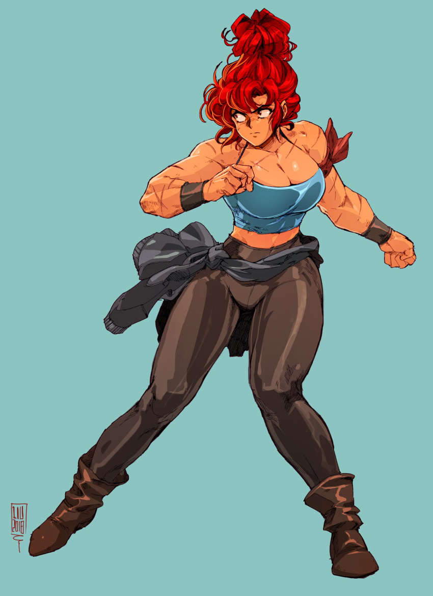 1girl, 90s, alternate_hairstyle, ankle_boots, aqua_background, armband, boots, breasts