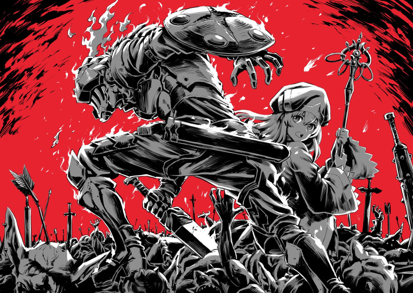 armor, arrow, epic, full_armor, goblin, goblin_slayer, goblin_slayer!, hat, helmet, highres, holding, holding_sword, holding_weapon, leaning_forward, monochrome, priestess_(goblin_slayer!), sheath, shield, staff, standing, sword, ume_(yume_uta_da), weapon