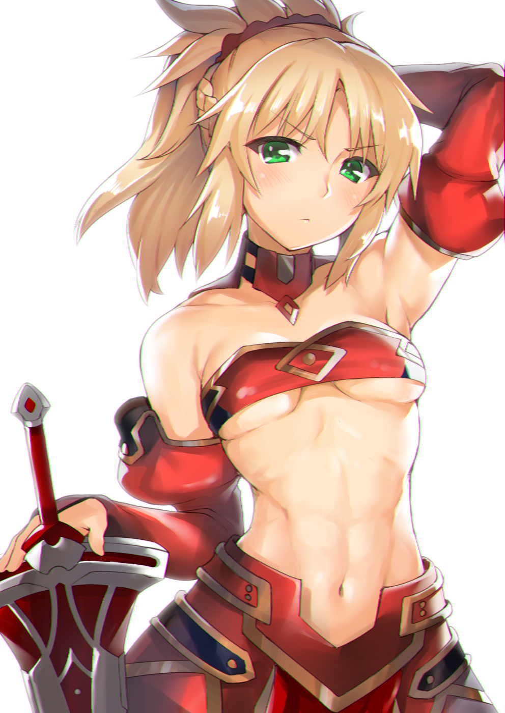 1girl, abs, armpits, bandeau, bare_shoulders, blonde_hair, breasts, clarent