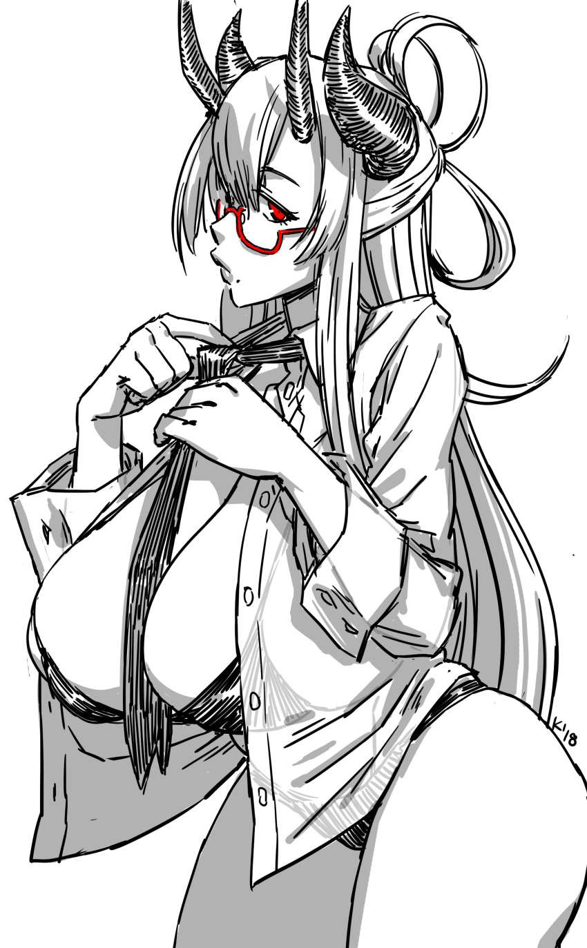1girl, absurdres, between_breasts, borrowed_character, bra, breasts, cleavage, greyscale