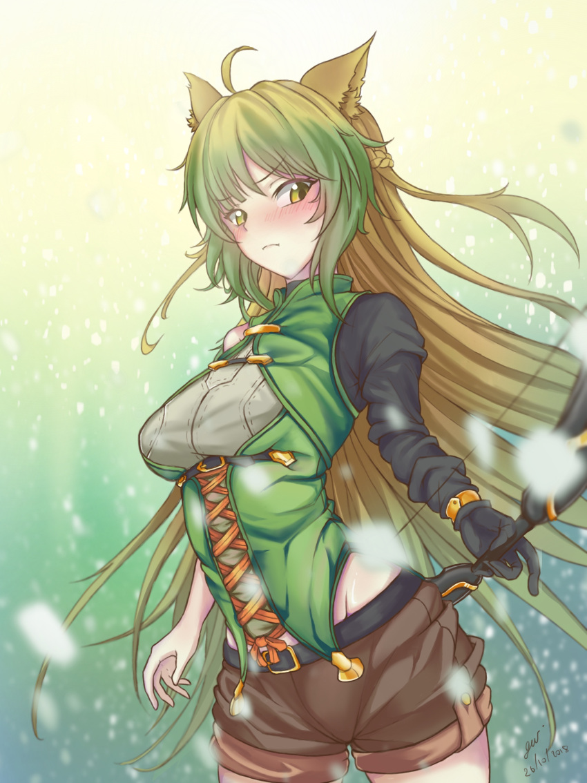 1girl, absurdres, ahoge, animal_ears, atalanta_(fate), bangs, blonde_hair, bow_(weapon)
