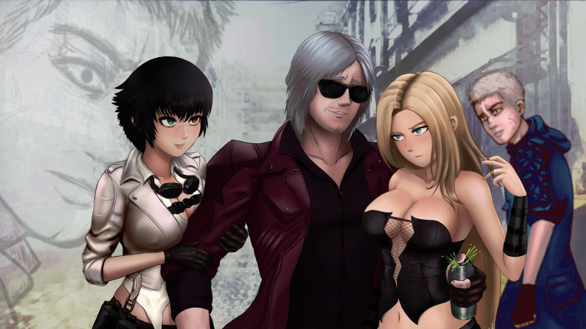 2boys, 2girls, absurdres, beard, black_gloves, black_hair, blonde_hair, bloodshot_eyes