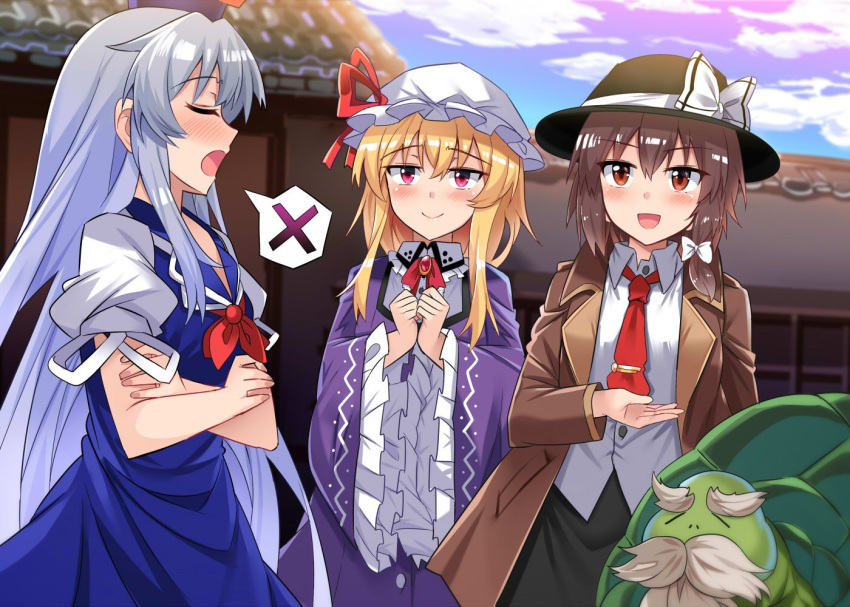 3girls, :d, bangs, beard, black_hat, black_skirt, blonde_hair, blue_dress