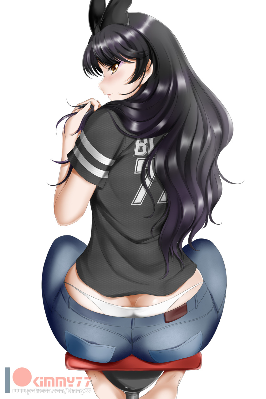 1girl, alfred_cullado, animal_ears, ass, bikini, bikini_bottom, bikini_under_clothes, black_hair