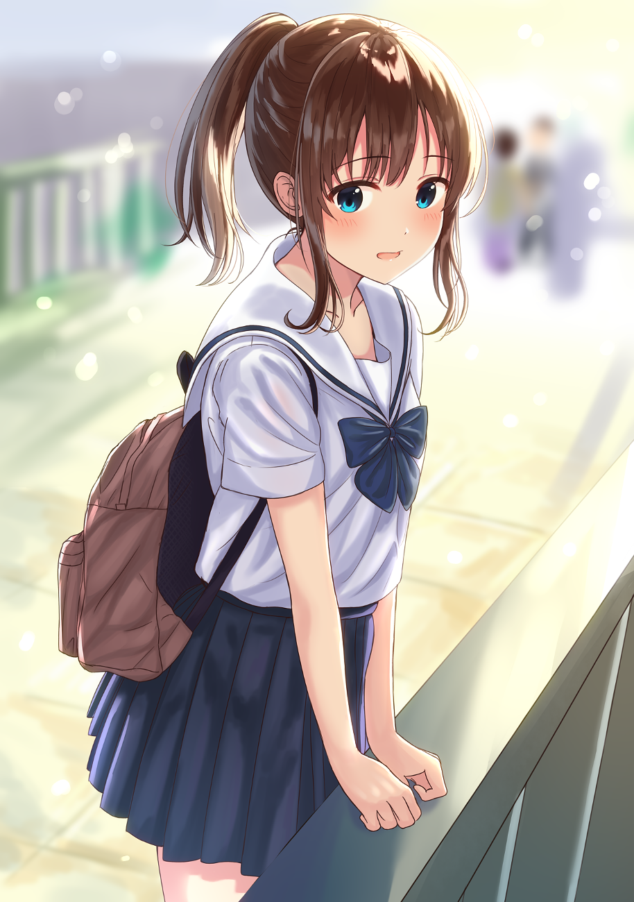 1girl, backpack, bag, bangs, blue_eyes, blurry, brown_hair, burenbo