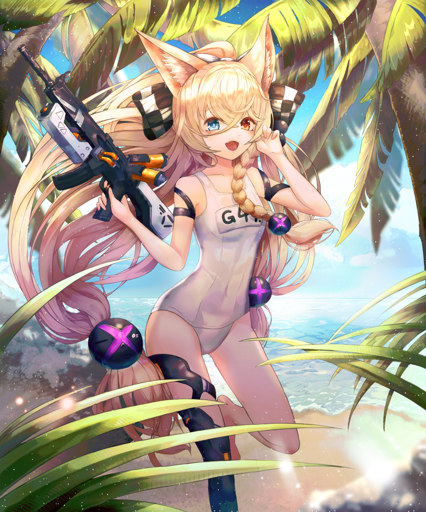 1girl, absurdres, animal_ears, arm_strap, assault_rifle, bangs, between_legs, black_bow