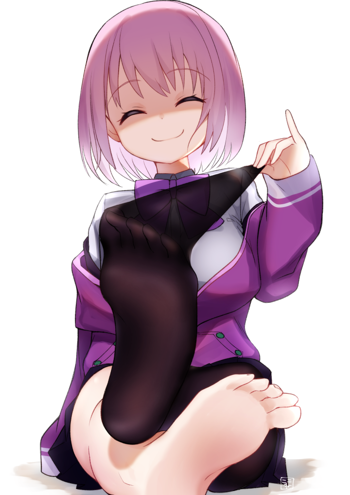 1girl, ^_^, barefoot, black_legwear, bow, bowtie, closed_eyes, closed_eyes
