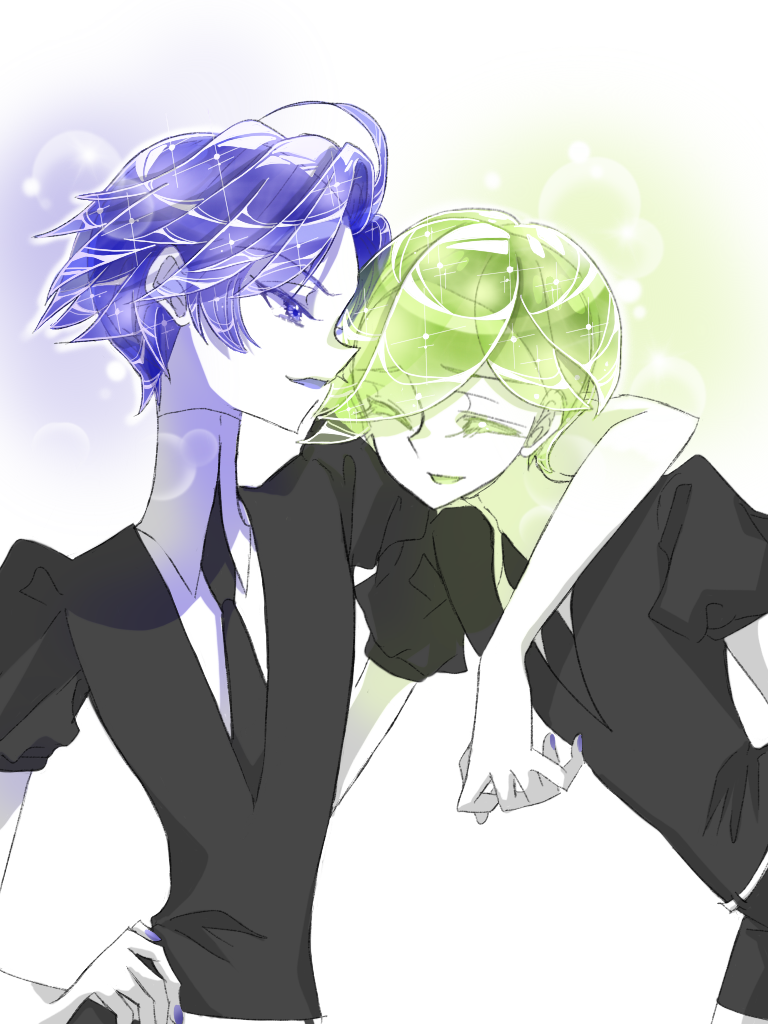 2others, androgynous, arm_around_neck, arm_around_shoulder, blue_eyes, blue_hair, blue_zoisite_(houseki_no_kuni), closed_eyes