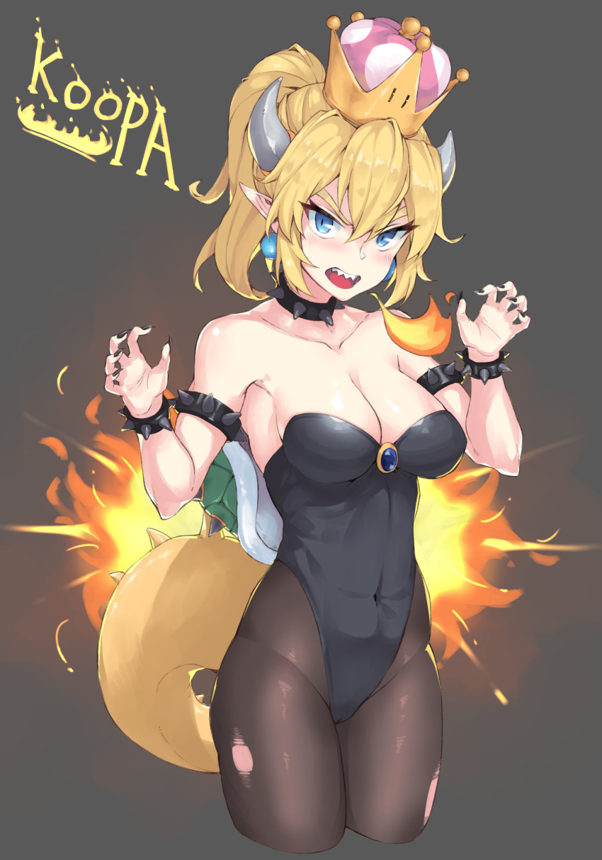 1girl, adapted_costume, bare_shoulders, black_background, black_legwear, black_leotard, black_nails, blonde_hair