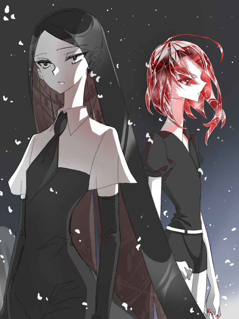 2others, ahoge, androgynous, black_eyes, black_hair, bort, crystal_hair, easty