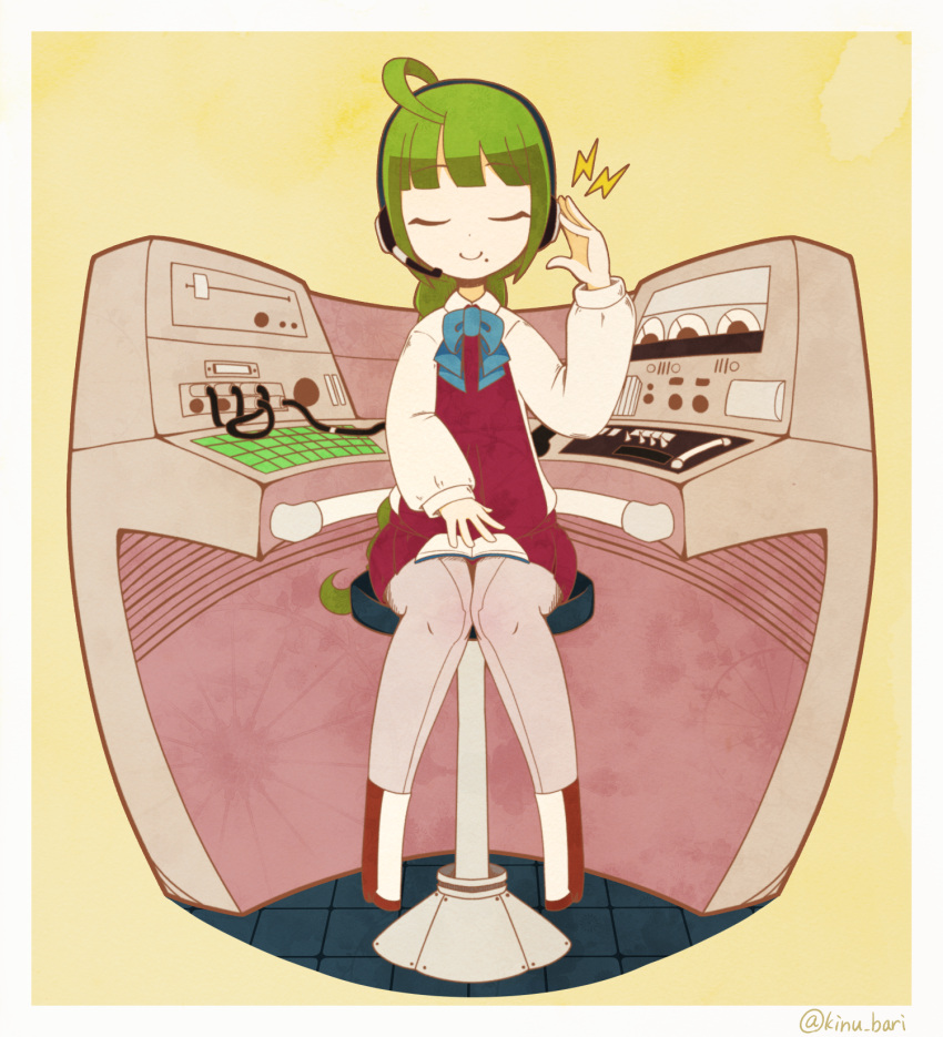 1girl, ahoge, book, boots, bow, bowtie, braid, closed_eyes, commentary_request, control_panel_overlay, full_body, green_hair, grey_legwear, halterneck, headphones, headset, highres, kantai_collection, keyboard, kinubari_nerune, long_hair, microphone, mole, mole_under_mouth, morse_code_commentary, pantyhose, school_uniform, shirt, single_braid, solo, stool, tape_recorder, twitter_username, very_long_hair, white_shirt, yuugumo_(kantai_collection)