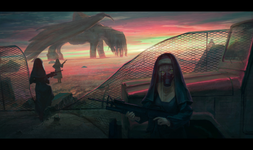 3girls, absurdres, backlighting, bangs, black_dress, broken_fence, car, chain-link_fence, clouds, cloudy_sky, commentary_request, cross, cross_necklace, dress, eyes_visible_through_hair, fence, field, gas_mask, gradient_sky, green_eyes, grey_hair, ground_vehicle, gun, habit, hair_between_eyes, highres, holding, holding_gun, holding_weapon, jewelry, letterboxed, long_sleeves, looking_at_viewer, monster, motor_vehicle, multiple_girls, necklace, nun, original, outdoors, pendant, road, rock, scenery, sky, street, sunlight, tentsuu_(tentwo), weapon, weapon_request