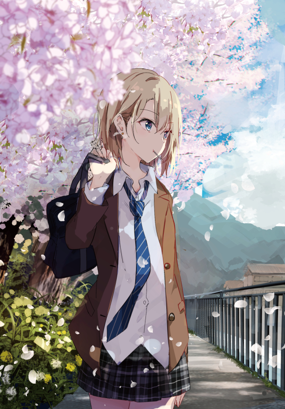 1girl, arm_behind_back, bag, bangs, black_skirt, blazer, blonde_hair, blue_eyes