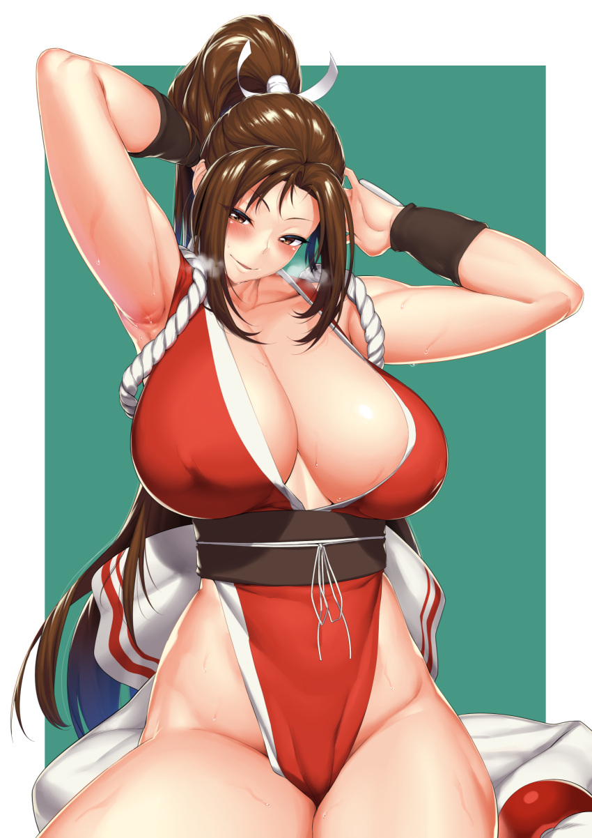 armpits, arms_up, bangs, bare_shoulders, border, breasts, brown_eyes, brown_hair