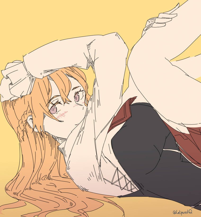 1girl, absurdres, arm_up, ascot, blonde_hair, blush, braid, breasts