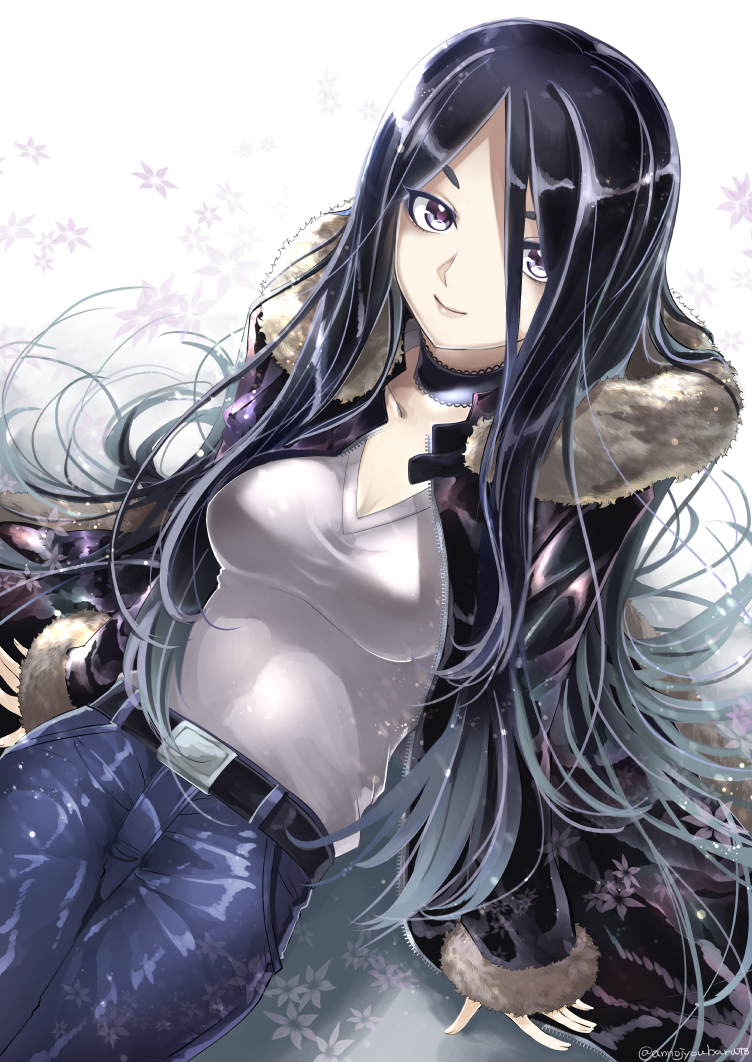 1girl, annojou_haruto, black_hair, choker, denim, fur_trim, hair_between_eyes, jacket