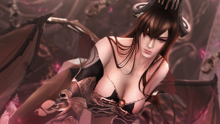 1girl, 3d, bangs, black_hair, breasts, cleavage, demon_girl, demon_horns