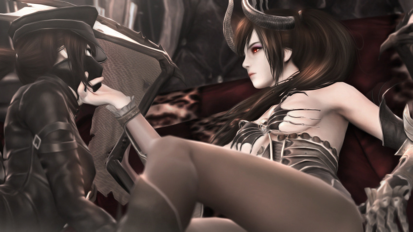 2girls, 3d, armpits, bangs, black_hair, breasts, cleavage, demon_girl