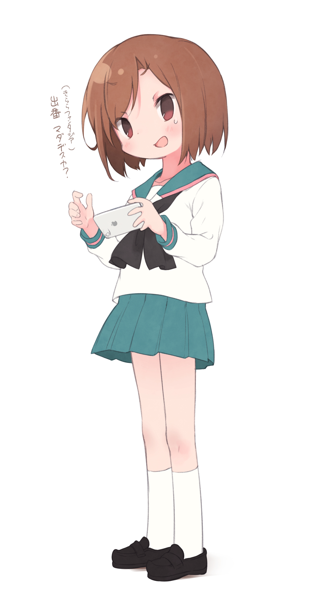 1girl, a_channel, black_footwear, blush, brown_eyes, brown_hair, cellphone, eyebrows_visible_through_hair