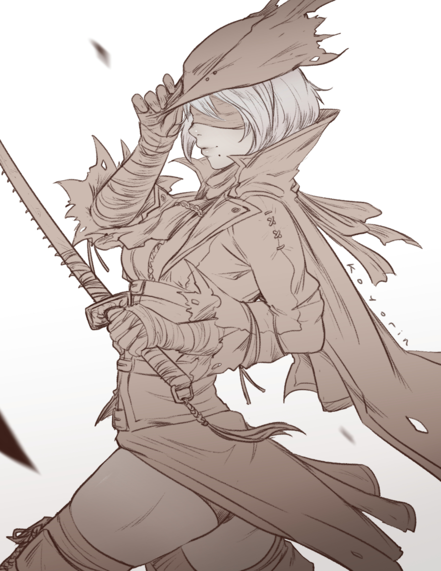 1girl, bandage, bandaged_arm, bandages, blindfold, bloodborne, boots, cloak