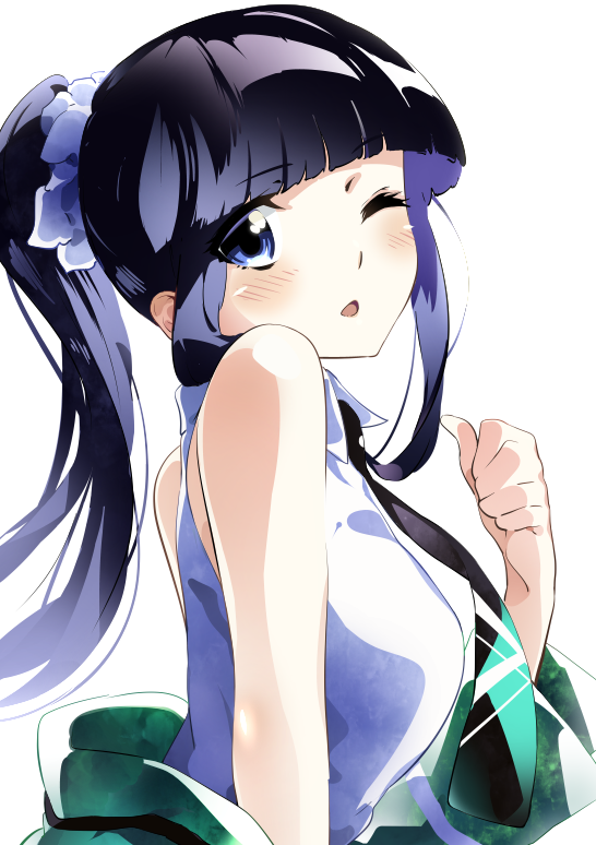 1girl, alternate_hairstyle, bangs, bare_shoulders, black_hair, blue_eyes, blunt_bangs, blush