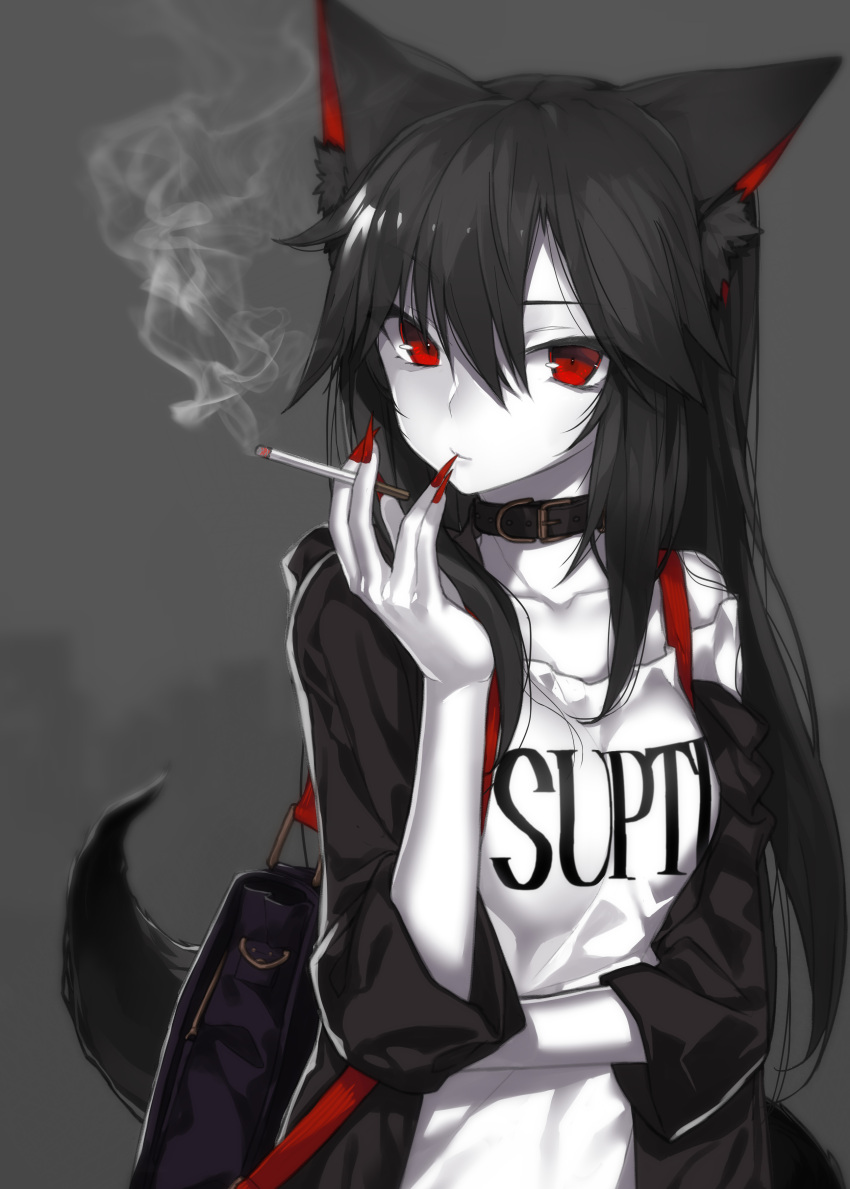 1girl, absurdres, animal_ear_fluff, animal_ears, backpack, bag, bangs, bare_shoulders, belt_collar, black_collar, black_hair, black_jacket, breasts, cigarette, closed_mouth, clothes_writing, collarbone, commentary_request, eyebrows_visible_through_hair, grey_background, grey_skin, hair_between_eyes, hand_up, highres, hitoshi, holding, holding_cigarette, hood, hood_down, hooded_jacket, imaizumi_kagerou, jacket, long_hair, looking_at_viewer, off_shoulder, open_clothes, open_jacket, red_eyes, shirt, small_breasts, smoke, smoking, solo, tail, tail_raised, touhou, very_long_hair, white_shirt, white_skin, wolf_ears, wolf_girl, wolf_tail