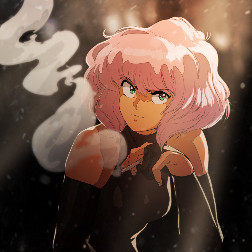 1girl, 90s, bangs, bare_shoulders, big_hair, black_gloves, breasts, bridal_gauntlets
