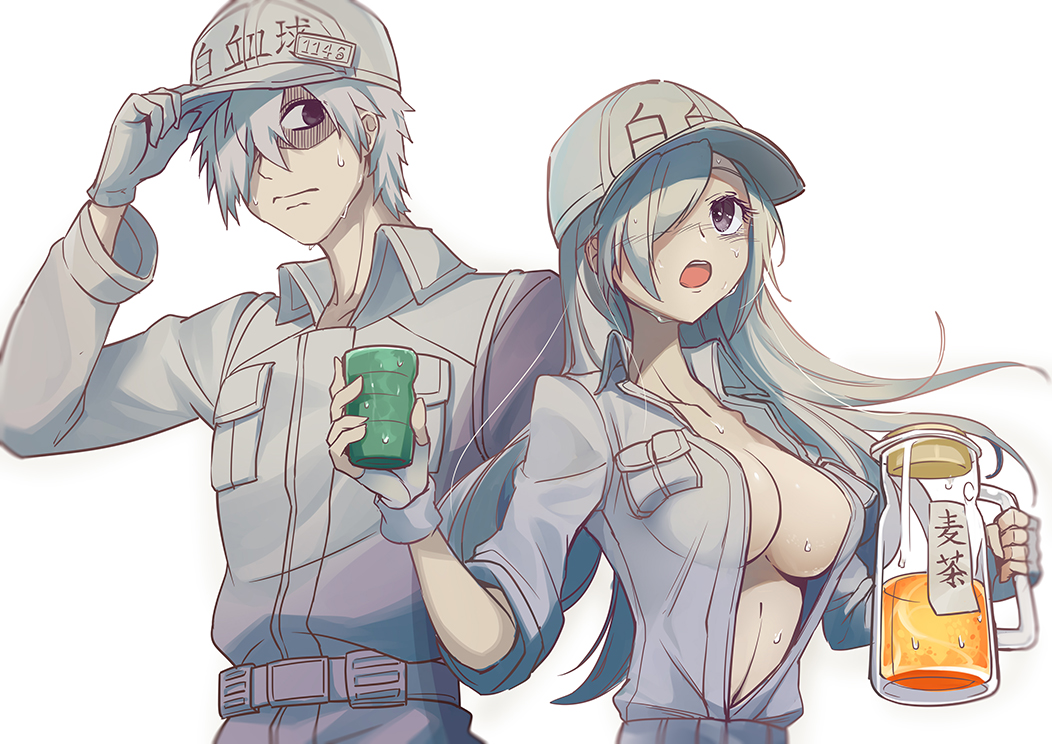 1boy, 1girl, adjusting_headwear, baseball_cap, breasts, cleavage, collared_shirt, cowboy_shot