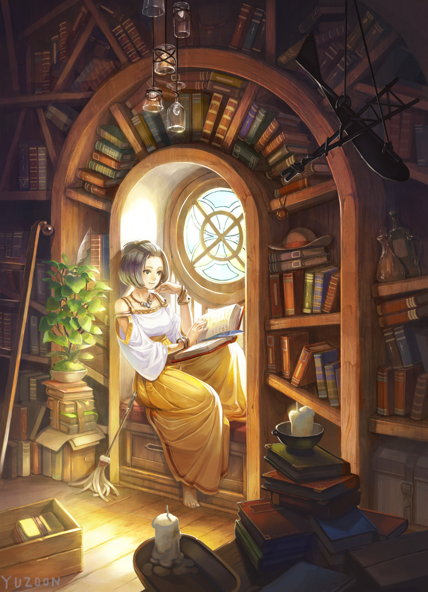 1girl, absurdres, ace, barefoot, black_hair, bob_cut, book, bookshelf