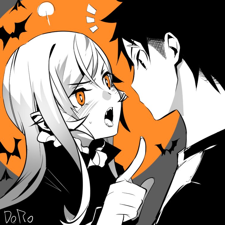 1boy, 1girl, bat, blush, doromame, fang, halloween, halloween_costume, long_hair, moon, nakiri_erina, scar, shokugeki_no_souma, vampire, yukihira_souma