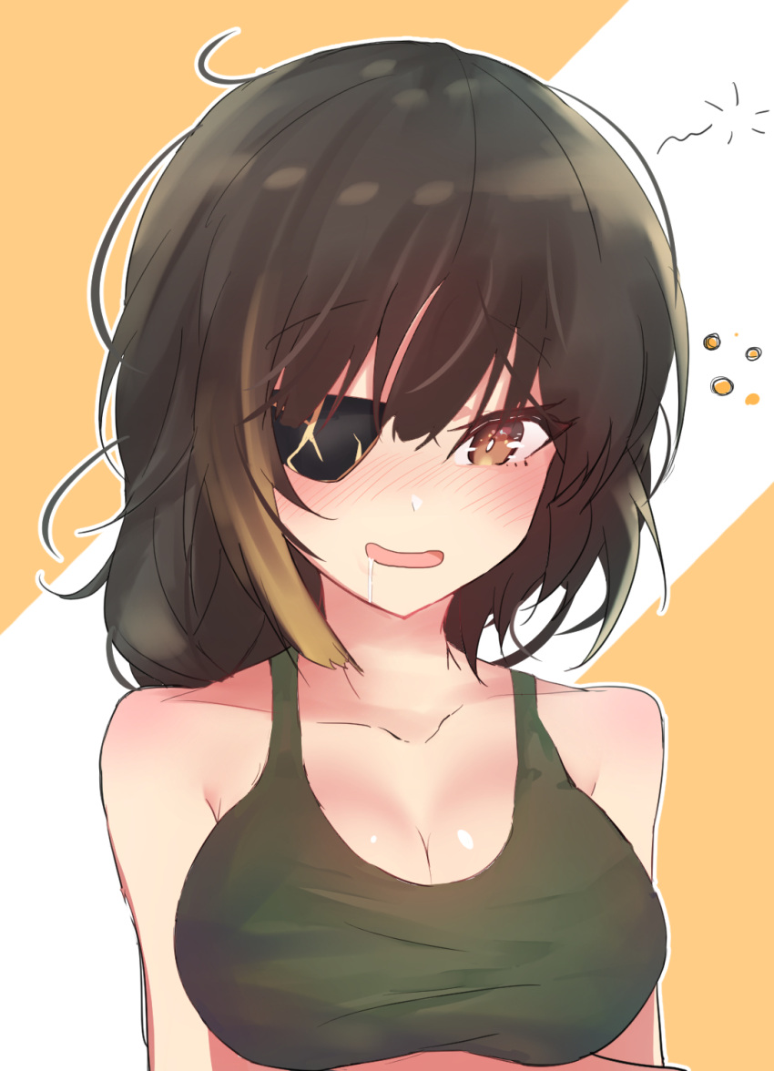 1girl, black_hair, blush, braid, breasts, collarbone, drunk, eyepatch