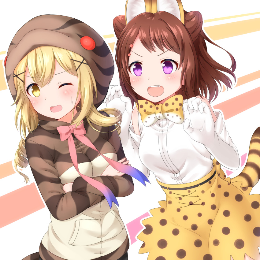 2girls, animal_ears, animal_hood, bang_dream!, bangs, blonde_hair, blush, bow