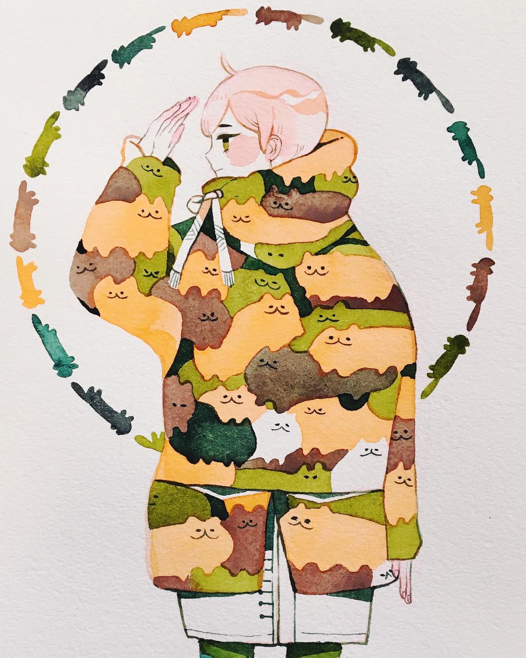 1girl, animal_print, blush, brown_cat, cat, cat_print, cowboy_shot, drawstring