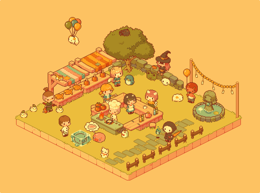 4girls, 5boys, animal_ears, balloon, bird, bottle, cat, chef